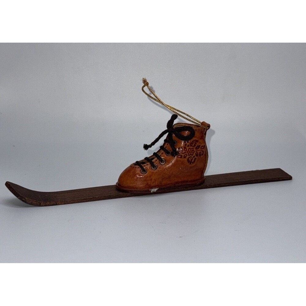 Vintage Lace Up Leather Ski Boot Wood on Ski Christmas Ornament